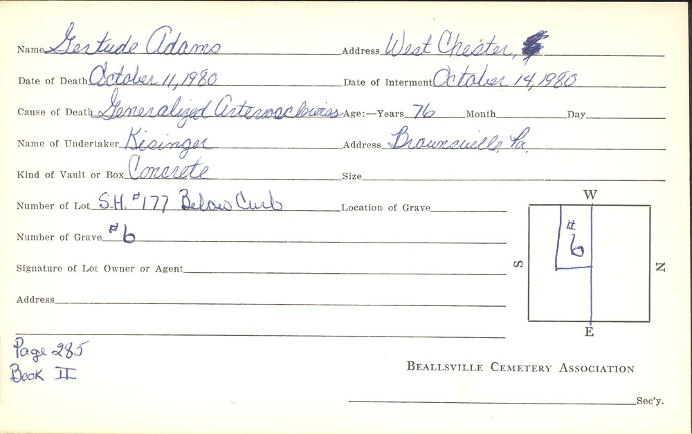 Gertrude Adams burial card